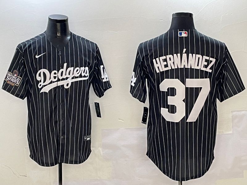 Men Los Angeles Dodgers 37 Hernandez Black Stripe Jointly Name 2025 Nike MLB Jersey style 3
